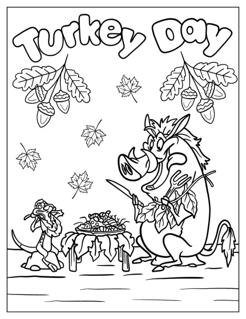 Timon și Pumba sărbătoresc Thanksgiving împreună, în mijlocul unei petreceri.