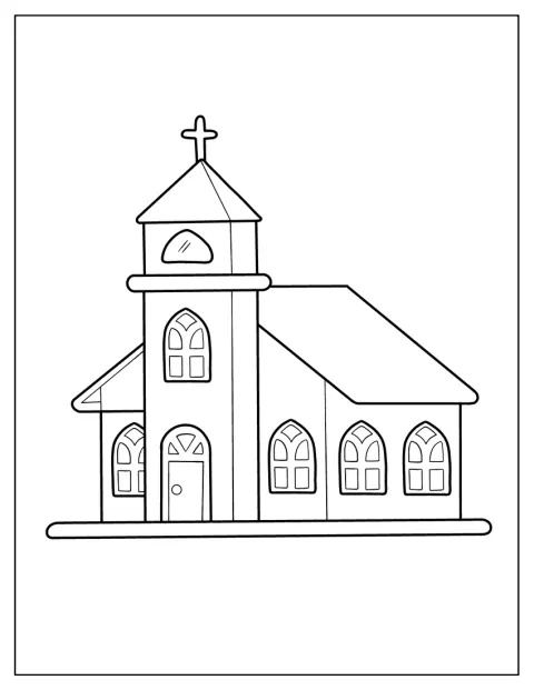 Una piccola chiesa è raffigurata da una prospettiva obliqua.