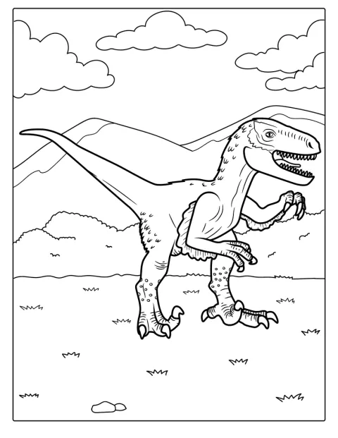 Un pui de velociraptor acoperit cu pene stă pe loc.