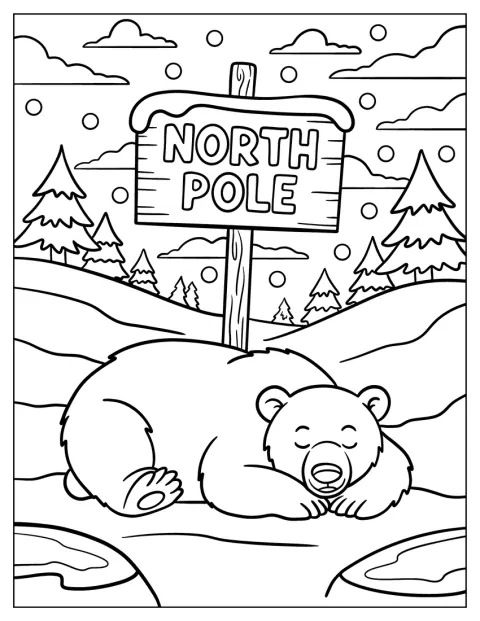 Un urs polar doarme sub indicatorul care arată Polul Nord.