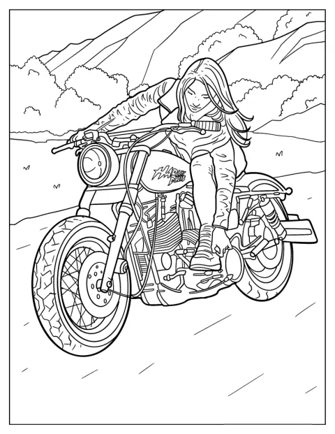 Uma mulher conduz uma mota Harley Davidson.