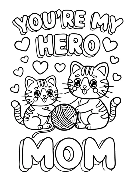Eine Katzenmama und ihr Kätzchen halten ein Wollknäuel unter den Worten „Du bist meine Heldin, Mama“.