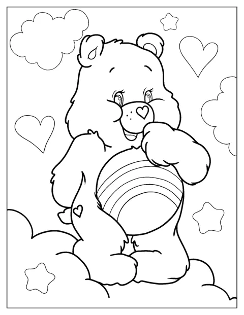 Cheer Bear stă pe gânduri, cu o labă la bărbie.