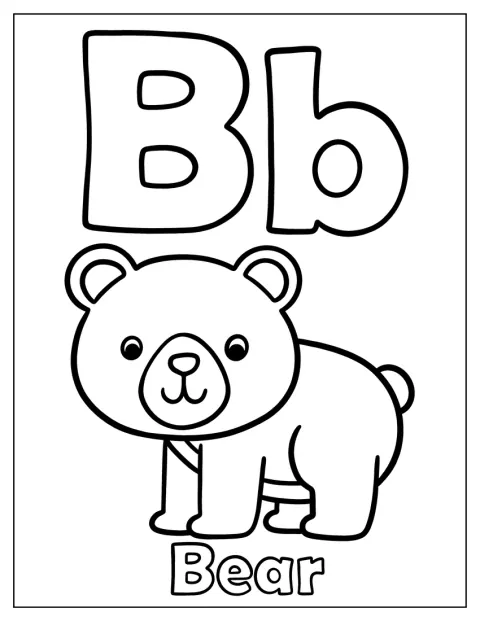 Ein niedlicher Bär sitzt neben einem einfachen Buchstaben B.