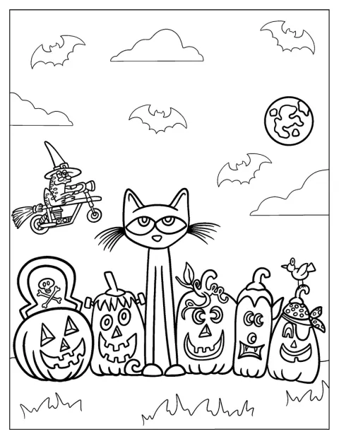 De Halloween, Pete the Cat este înconjurat de decorațiuni festive.