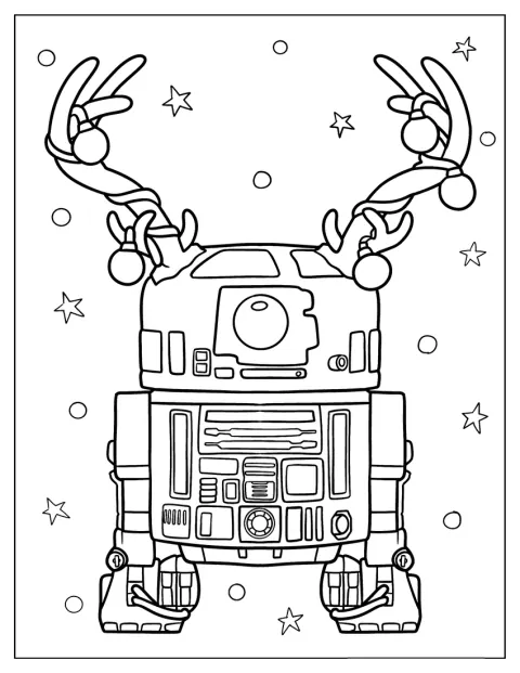 R2-D2 usa hastes de rena e está decorado com bolas de Natal.