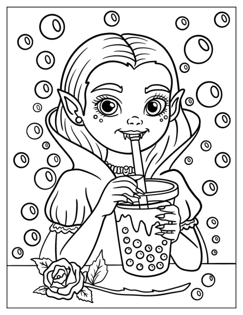 Ein hübsches Vampirmädchen trinkt Bubble Tea.