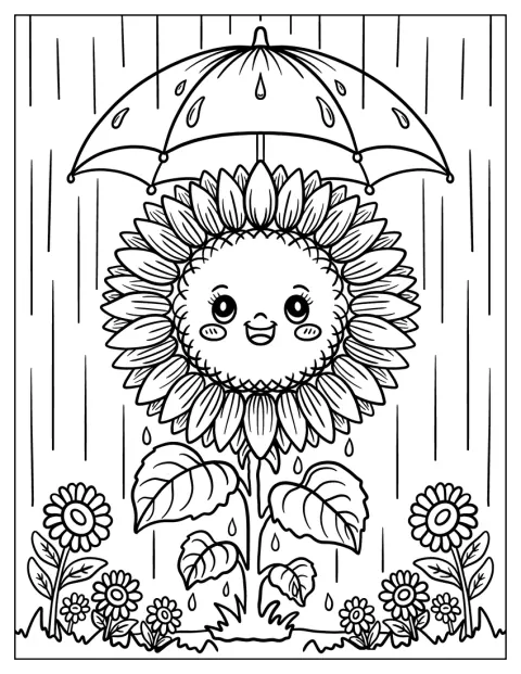 雨の中、傘を差した笑顔のひまわりが立っています。