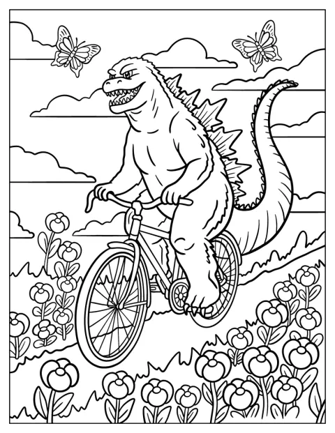 Godzilla ajaa polkupyörällä kukkivien kukkien peittämällä niityllä.