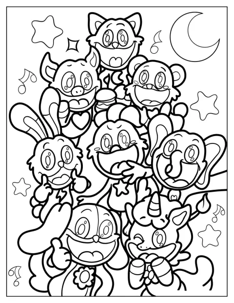 Os Smiling Critters aparecem juntos, sorridentes, numa pose de grupo.