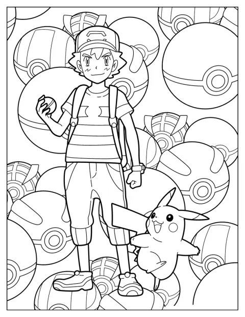 Ash steht neben Pikachu.