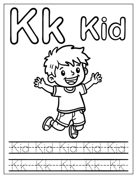 Un niño acompaña a la letra K en una ficha para practicar el trazado.