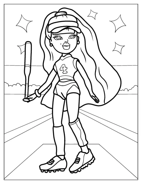 Phoebe, de Bratz, juega al béisbol con un bate.