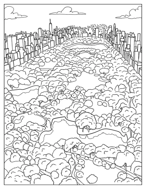 上空から見たセントラルパークと、周囲に広がる街並みが描かれています。