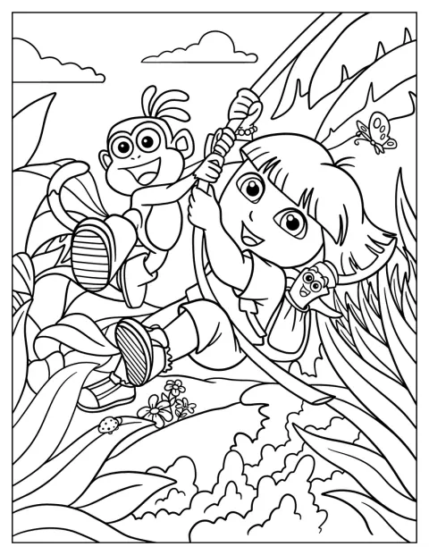Dora y Boots se balancean en una liana en plena selva.