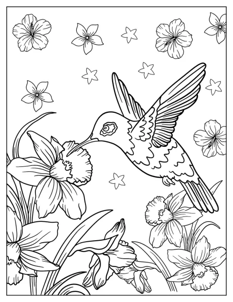 Een kolibrie speurt naar nectar tussen bloemen.