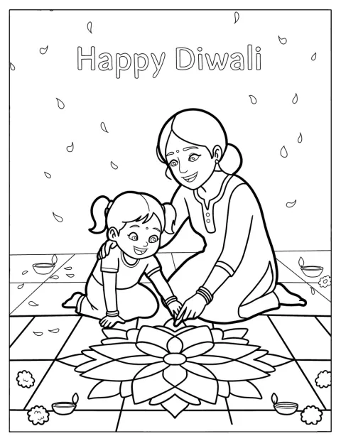 Mutter und Kind legen gemeinsam ein Rangoli-Muster für Diwali.