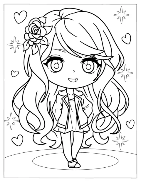 Une fille chibi porte une fleur dans ses cheveux.