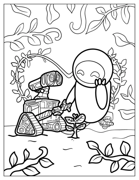 Wall-E Coloring Page And Eve Holding Hands In Front Of A Plant