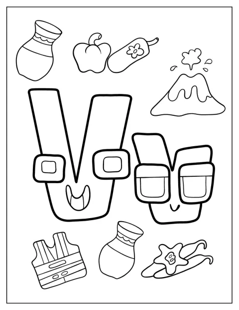 La lettre V souriante d’Alphabet Lore est entourée d’objets commençant par V.