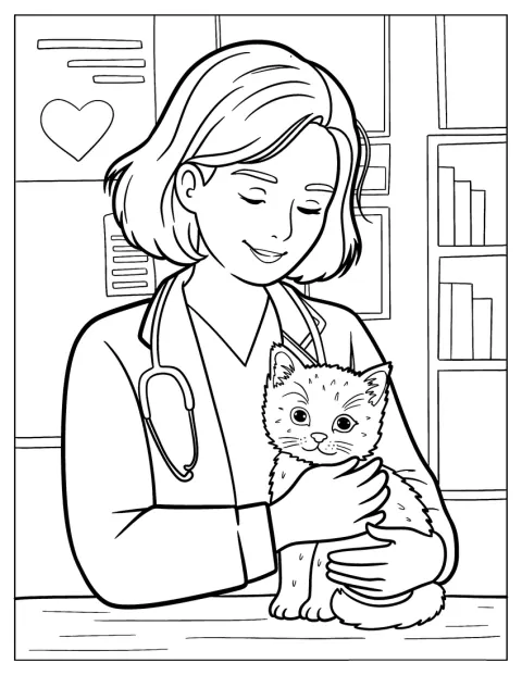 En veterinär håller om en fluffig katt.