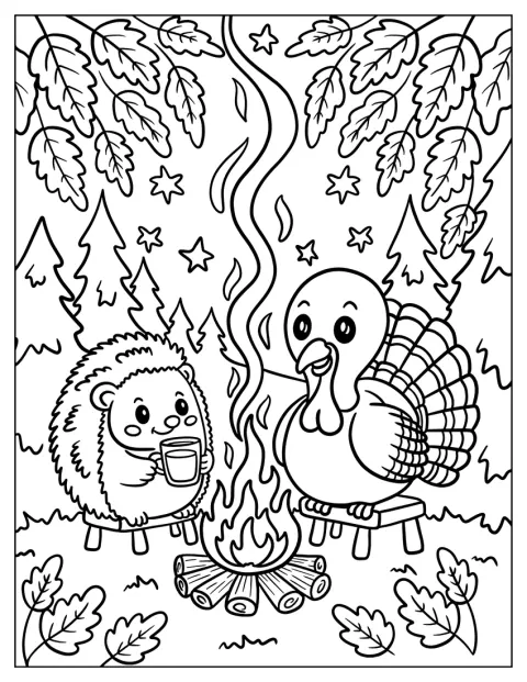 Ein Truthahn und ein Igel sitzen im Wald an einem Lagerfeuer.