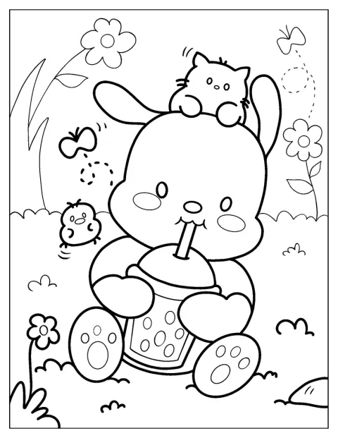 Pochacco geniet van een beker bubble tea.