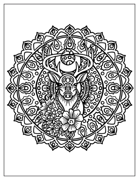 Um veado majestoso aparece entre flores e padrões de mandala.