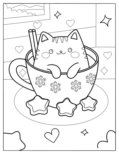 Eine niedliche Katze sitzt in einer Tasse heißer Schokolade.