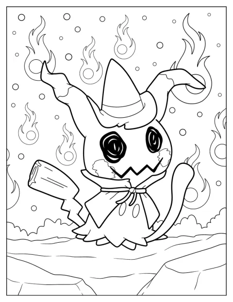 Mimikyu w halloweenowym stroju czarownicy pozuje w kapeluszu.