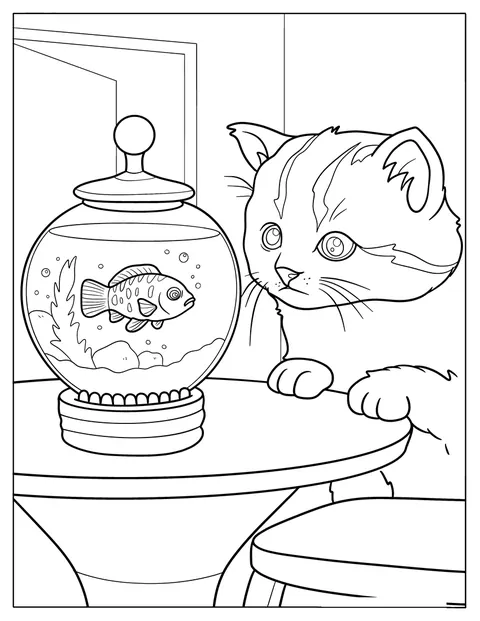 猫が、金魚の泳ぐ金魚鉢をじっとのぞき込んでいます。