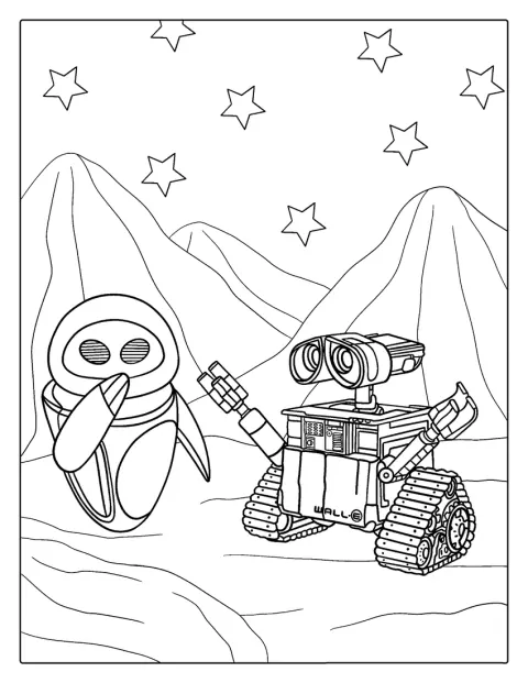 WALL-E a EVA stojí vedle sebe jako robotičtí přátelé.