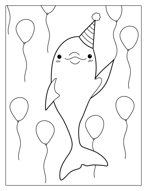 Een dolfijn met een feestmuts zwemt tussen vrolijke ballonnen.