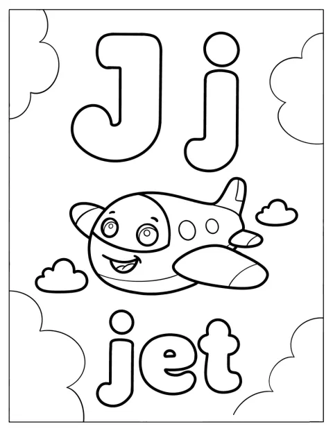 Een straalvliegtuig staat naast de letter J.