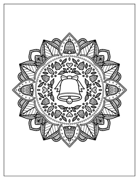 Um sino ornamentado surge no centro de uma mandala rodeada por folhas e pequenos pontos.