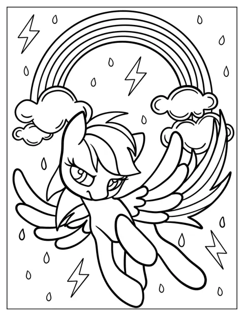 Rainbow Dash trotseert een onweersbui tussen donkere wolken.