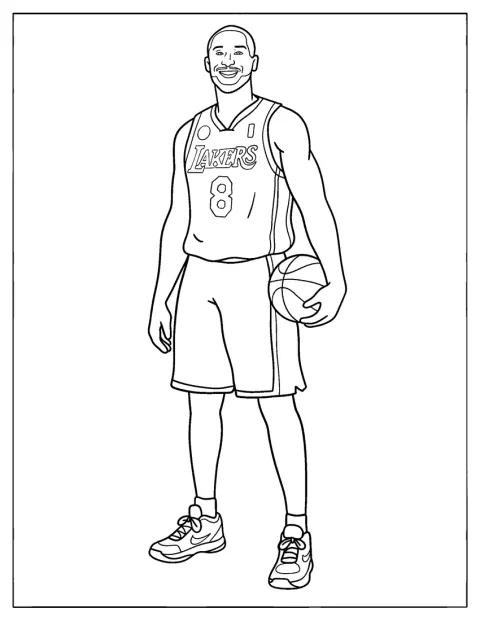Realistic Kobe Bryant in a Lakers Jersey with a Basketball Coloring Page