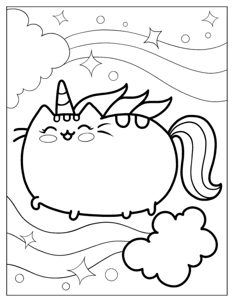 Pusheen vola nel cielo con l’aspetto di un gatto unicorno.