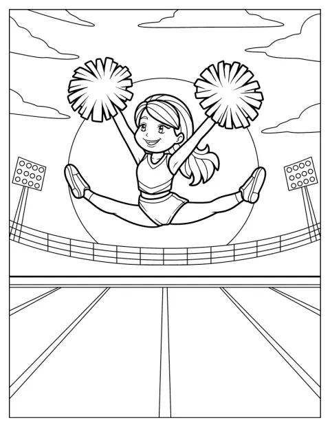 Una cheerleader in stile chibi esegue una spaccata saltando.