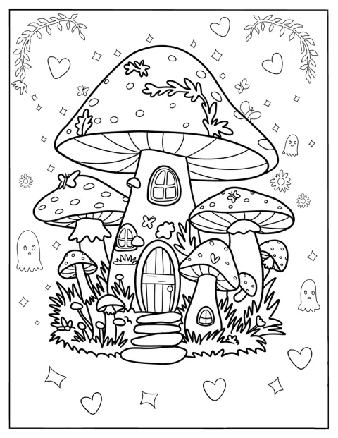 Um fantasma surge junto a uma torre de cogumelos, rodeada de motivos florais.