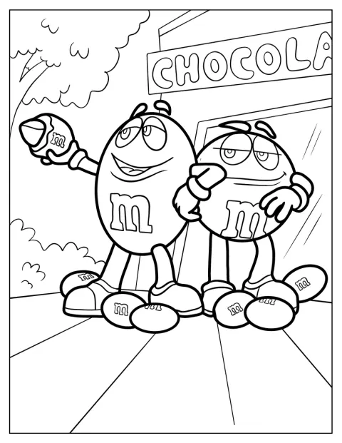 A sárga és a piros M&M’s figura csokoládét majszol.