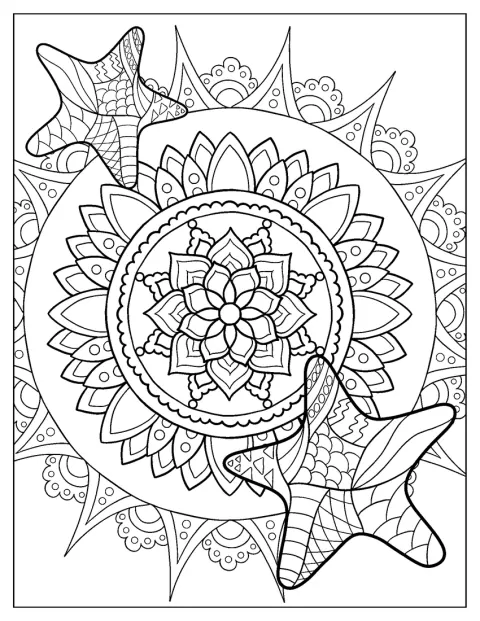 Une étoile de mer et des fleurs forment un motif de mandala.