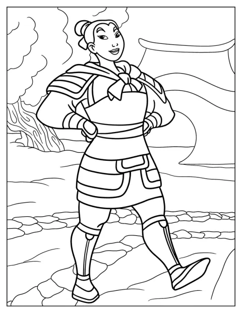 Mulan viste una armadura y posa con decisión.