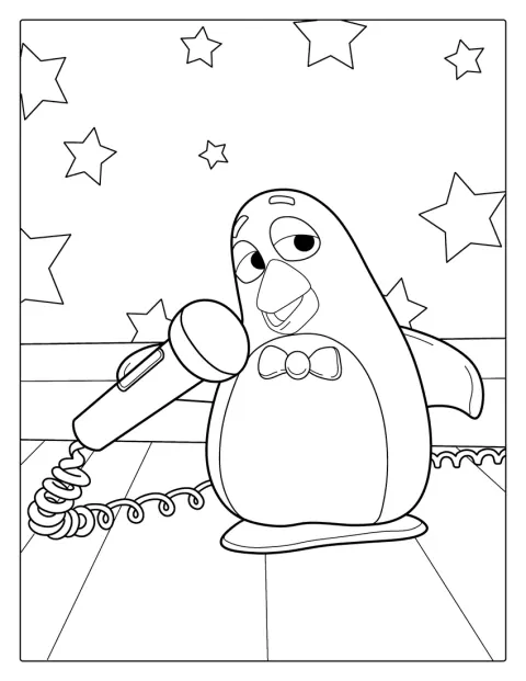 Wheezy Pingvin står på isen.