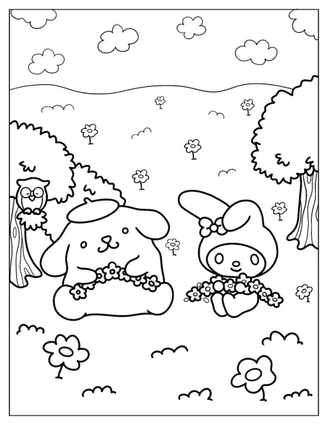 My Melody s Pompompurinem společně pletou květinové věnce.