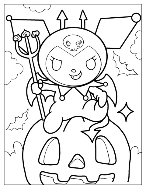 Kuromi houdt een drietand vast terwijl ze op een Halloweenpompoen zit.
