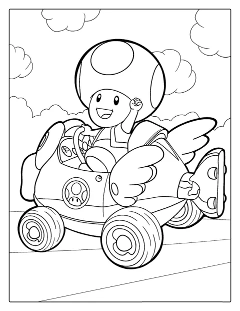 Toad sitter i sin kartbil redo för tävling.