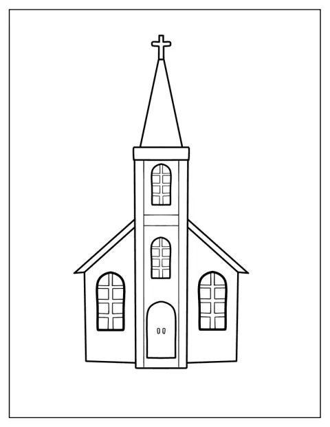En enkel kirke med tårn og inngang står alene.