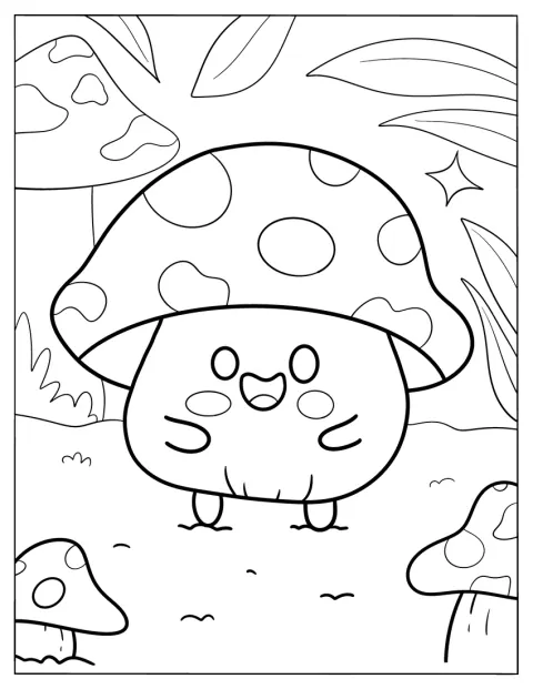 Um cogumelo de aspeto kawaii sorri alegremente.