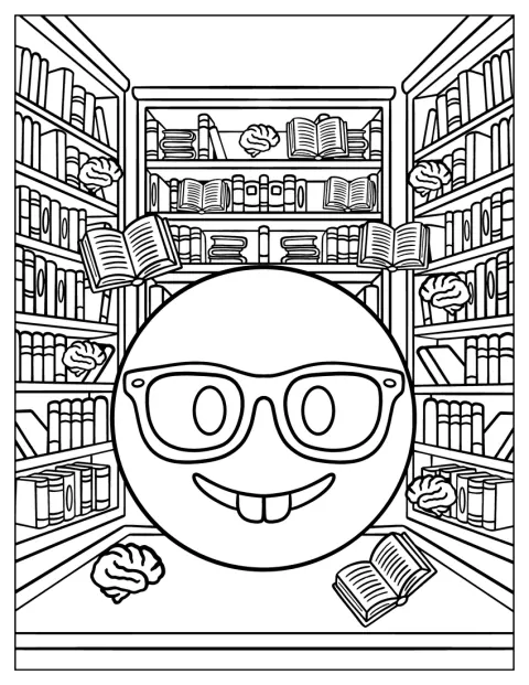 眼鏡をかけた絵文字が、本の並ぶ図書館にいます。